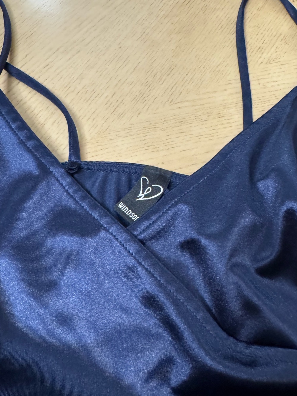 Windsor | Navy Blue Satin-Look Asymmetric Wrap Mini Spaghetti Strap Dress XS - Picture 8 of 12
